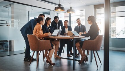 Dynamic Collaboration: Diverse Professionals Engaging in Productive Discussions Around Modern Office Tables