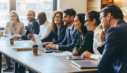 Dynamic Collaboration: Diverse Professionals Engaging in Productive Discussions Around Modern Office Tables
