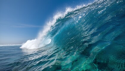 Majestic Force: A Powerful Ocean Wave Cresting at its Peak Under a Clear Blue Sky