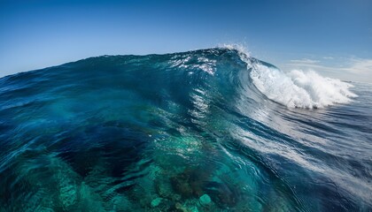 Majestic Force: A Powerful Ocean Wave Cresting at its Peak Under a Clear Blue Sky