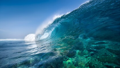 Majestic Force: A Powerful Ocean Wave Cresting at its Peak Under a Clear Blue Sky