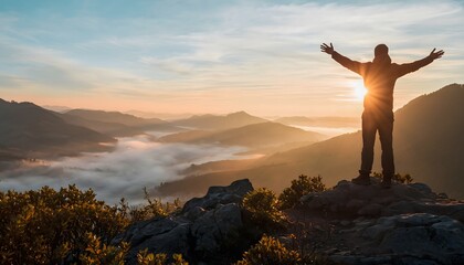 Freedom and Awe: A Traveler Spreading Their Arms to Embrace Breathtaking Mountain Landscapes at Sunrise