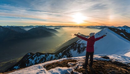 Empowered Serenity: A Woman Traveler Spreading Her Arms to Embrace Breathtaking Mountain Landscapes at Sunrise
