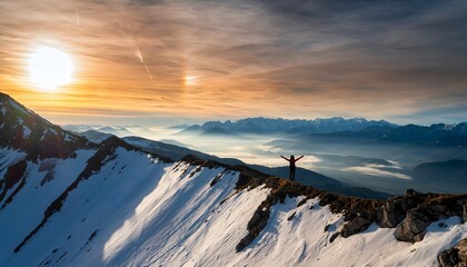Freedom and Awe: A Traveler Spreading Their Arms to Embrace Breathtaking Mountain Landscapes at Sunrise