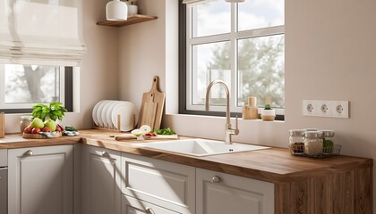 Fototapeta premium Luminous Culinary Spaces: Bright and Inviting Kitchens Bathed in Natural Light with Modern and Scandinavian Touches