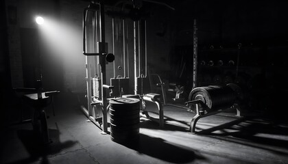 Raw Power: Gym Equipment Illuminated by a Dramatic Overhead Spotlight