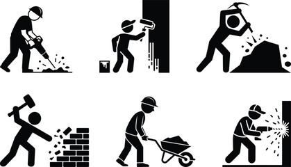 Building construction and renovation work activities pictogram set.