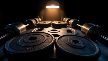Raw Power: Gym Equipment Illuminated by a Dramatic Overhead Spotlight