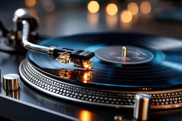 Close Up Turntable Playing Vinyl Record with Bokeh Lights