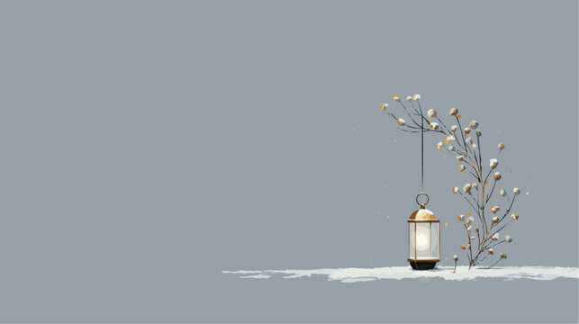 A minimalist winter branch with gold accents and lantern against serene grey background with space for text for luxury corporate branding and premium holiday campaigns