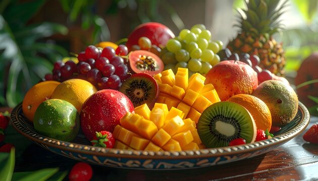 Rainbow Harvest: A Close-Up of a Beautiful and Stylish Platter of Diverse and Exotic Fruits