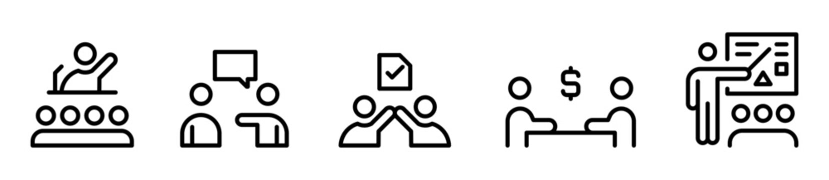 Conjunto de iconos de interacci&oacute;n humana. Comunicaci&oacute;n y colaboraci&oacute;n. Liderazgo, di&aacute;logo grupal, acuerdo aprobado, reuni&oacute;n financiera y capacitaci&oacute;n. Ilustraci&oacute;n vectorial