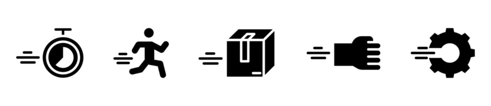 Conjunto de iconos de velocidad. Rapidez y acci&oacute;n din&aacute;mica. Cron&oacute;metro veloz, persona corriendo, caja r&aacute;pida, pu&ntilde;o acelerado y engranaje veloz. Ilustraci&oacute;n vectorial
