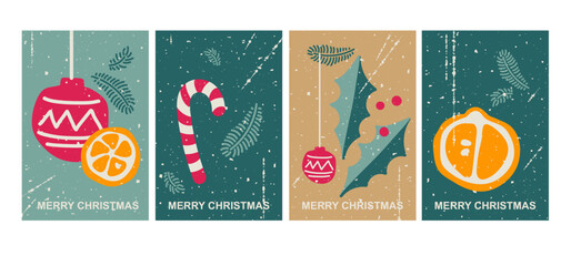 Christmas card set with grunge texture. Color Doodle Vector illustration, Merry Christmas simple greeting card. Icon tangerine, spruce sprig, sugar cane. Template with artificially aged texture.