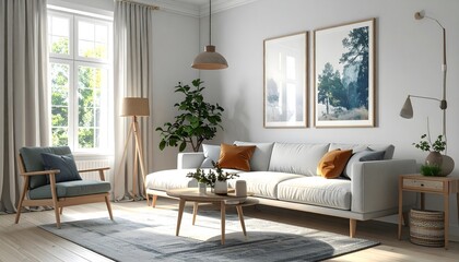 Fototapeta premium Title: Serene Scandi: Realistic Depictions of Beautiful, Cool, and Super Modern Scandinavian Home Decor