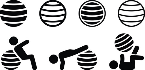 fitness, ball, exercise, workout, training, health, sport, recreation, icon, symbol, silhouette, person, activity, balance, stability, gym, equipment, physiotherapy, rehabilitation, yoga, pilates, hea