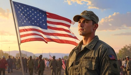 A Nation's Guardians: Veterans Standing Tall with a Glimmer of Worry for the Future Amidst American Flags