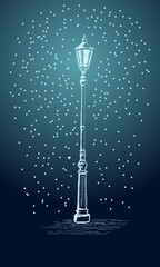 Vintage evening lamppost illuminating falling snowflakes. Vector illustration for your designs.