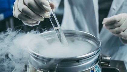 Close-Up Cryogenic Test Tube Sample in Liquid Nitrogen Vapor
