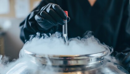 Close-Up Cryogenic Test Tube Sample in Liquid Nitrogen Vapor