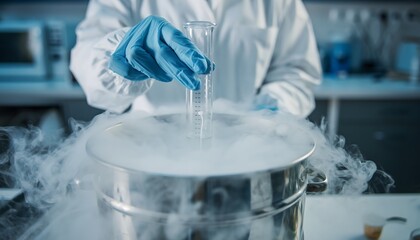 Close-Up Cryogenic Test Tube Sample in Liquid Nitrogen Vapor