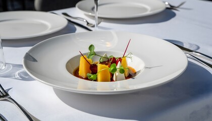 Culinary Masterpiece: Exquisite Gourmet Dishes Plated with Precision and Artistic Flair in a Michelin-Star Setting