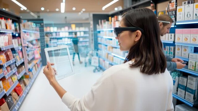 Customer experiences innovative retail with smart glasses and transparent device. Store navigation with digital overlay. Camera moves with panning and stable moments.