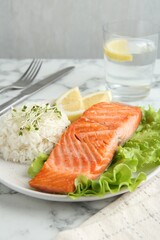 Piece of tasty grilled salmon, lemon, lettuce, rice and microgreens on light marble table against grey background, closeup
