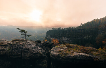 view from the kleiner winterberg saxony switzerland with a lot of fog moody mood foggy cloudy and sun though the clouds