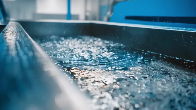 Close view of zinc electroplating bath with machinery parts submerged for protective anticorrosion metal coating in a clean manufacturing environment.