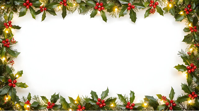 Christmas winter holiday frame with hand drawn tree branches, christmas balls, leaves, and berries, png, vector, isolated on transparent background, flat design