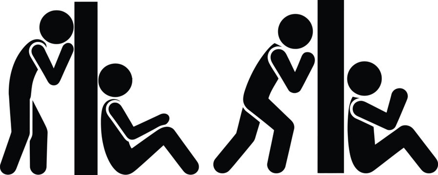 People hiding and peeking behind a pillar, black silhouette icon set