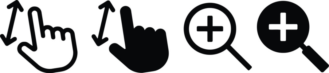 gesture, zoom, pinch, swipe, touch, finger, hand, magnifying glass, plus sign, zoom in, enlarge, expand, scale, interface, control, interaction, digital, mobile, app, icon, symbol, graphic, illustrati