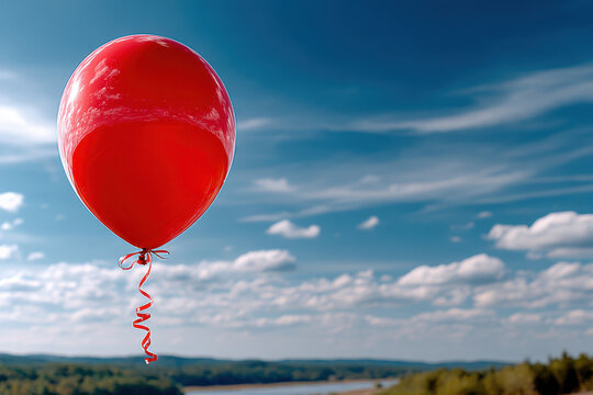 A lone red balloon floats against a picturesque blue sky and landscape - Powered by Adobe