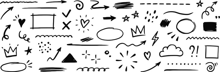 doodle, hand drawn, sketch, drawing, black and white, arrows, hearts, stars, crowns, check mark, cross, circle, square, lines, dots, lightning bolt, cloud, question mark, exclamation mark, scribble, w