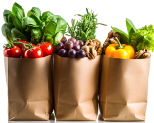 Paper bag of different health food on a white background. Top view. Flat lay