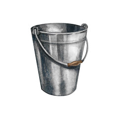 Empty zinc bucket. Hand-drawn watercolor illustration. Metal container for household and gardening purposes, aluminum tool for liquids and other waste. For farm projects, packaging, labels, and more.