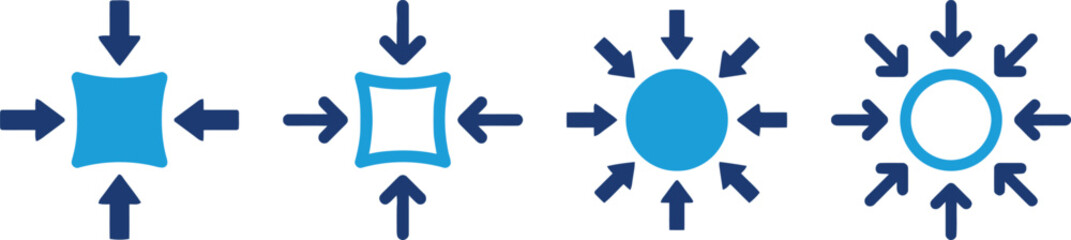 compression, pressure, force, impact, squeeze, shape, square, circle, transformation, physics, science, concept, icon, graphic, design, vector, blue, dark blue, arrows, inward, stress, deformation, re