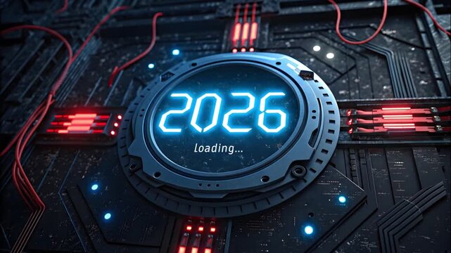 2026 is Loading, Futuristic Tech Screen with Glowing Blue Numbers & Cyberpunk Interface