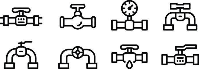 pipe, valve, industrial, icon, set, water, gas, plumbing, connection, flow, control, shutoff, tap, supply, infrastructure, engineering, utility, line art, outline, drawing, graphic, design, vector, ga