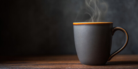 A steaming mug of hot coffee or tea on a wooden table with dark background