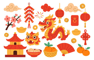 A collection of Chinese symbols and decorations, including a dragon, a house, and a lantern. Scene is festive and celebratory, likely representing a Chinese New Year celebration