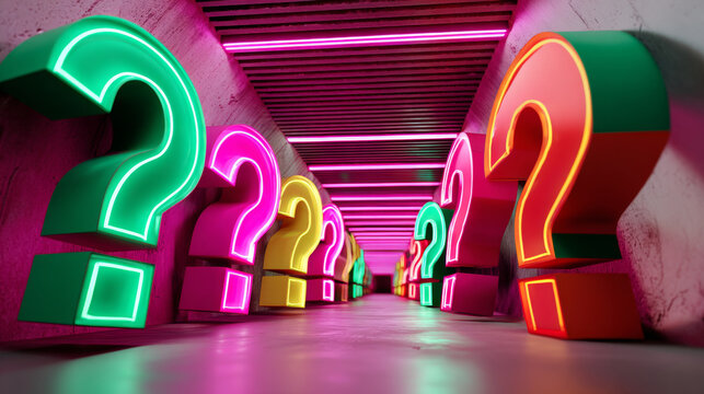 A colorful array of neon question marks line a futuristic corridor, evoking curiosity and wonder in an abstract setting