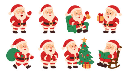 A series of cartoon images of Santa Claus in various poses, including one holding a book and a bag
