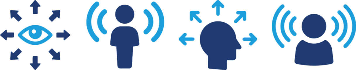 perception, information, flow, communication, data, insight, awareness, understanding, icons, symbols, set, collection, graphic, design, illustration, blue, white, background, isolated, eye, arrows, p
