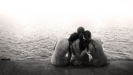 Sad rural adult family behind rear view hand arm funny love travel life light sky text space. Glad...