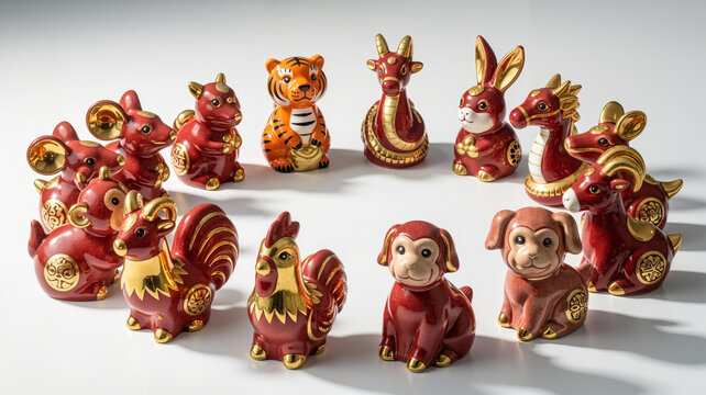 Chinese zodiac figurines arranged in a circle on white surface, Chinese New Year concept