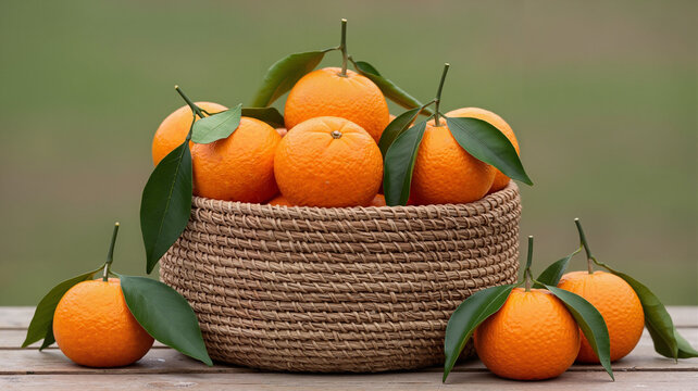 Basket of fresh mandarins with green leaves outdoors, Chinese New Year concept
