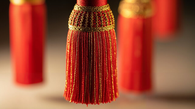 Red decorative tassels with gold details in warm light, Chinese New Year concept