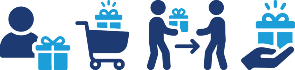 shopping, gift, present, person, cart, delivery, giving, receiving, purchase, buy, sale, retail, commerce, consumer, package, surprise, exchange, transaction, icon, shopping icon, gift icon, person ic